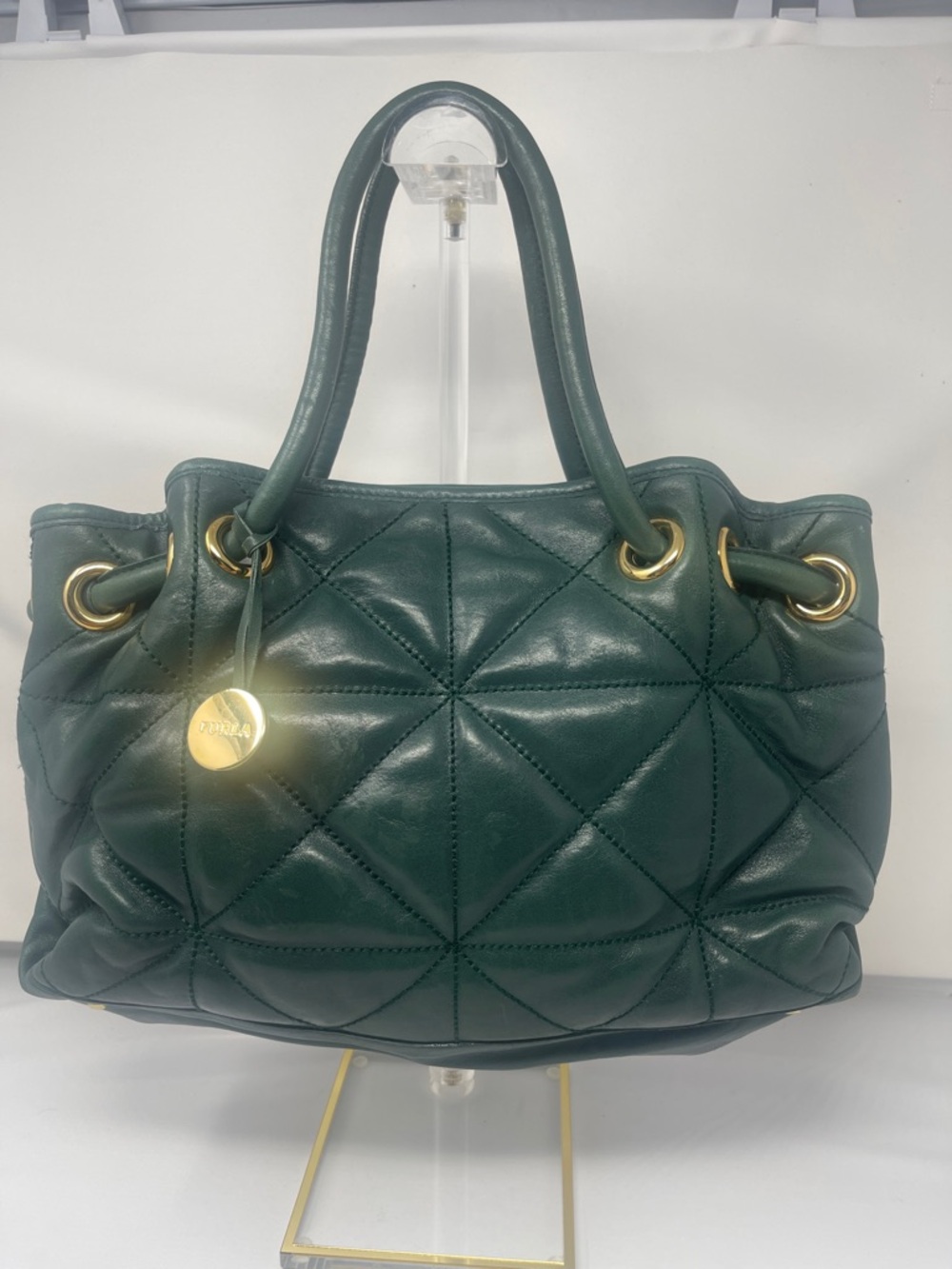 Furla Quilted Dark Green Leather top handle/Shoulder Bag with Gold Hardware
